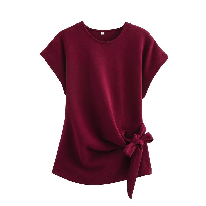 ZA cross-border womens clothing wholesale round neck short sleeve knitted jacket A- shaped skirt suit 0858674 0858673 Burgundy top