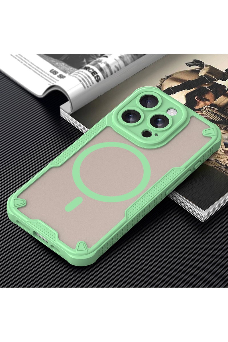 Cover For iPhone 15 Pro Armor Glaze MagSafe Magnetic Phone Case Raised edges around the screen and camera lens help prevent scratches - Green - Image 2