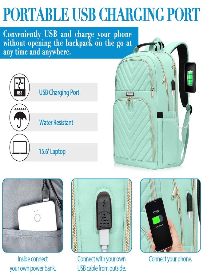 Kuosdaz Travel Laptop Backpack for Women, 15.6 Inch Quilted Work Backpack Purse with USB Charging Port, Large Anti-theft TeacherBook Bags, Casual Daypacks, Teal - Image 3