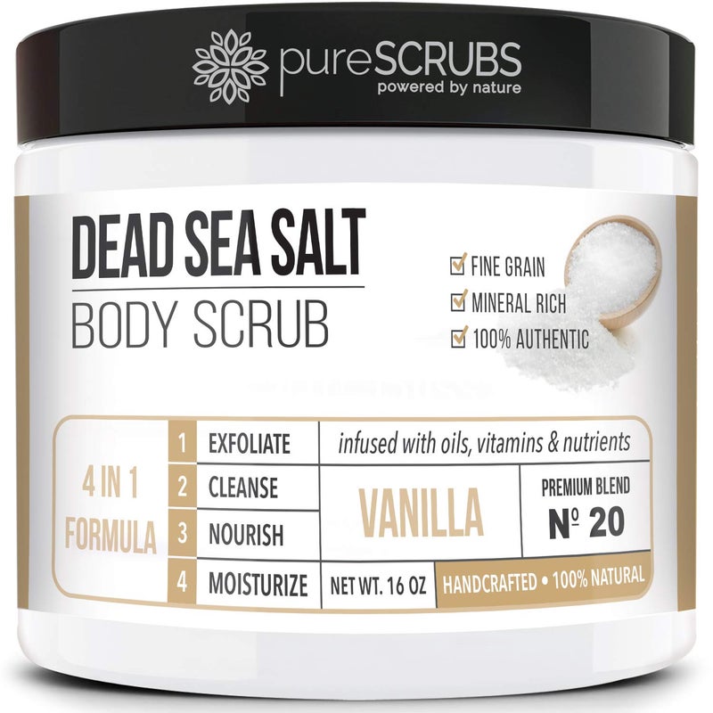 pureSCRUBS Premium Vanilla Body Scrub Set  Large 16oz Dead Sea Salt Body Scrub With Infused Essential Oils  Nutrients Includes Wooden Spoon Loofah  Oatmeal Exfoliating Bar Soap