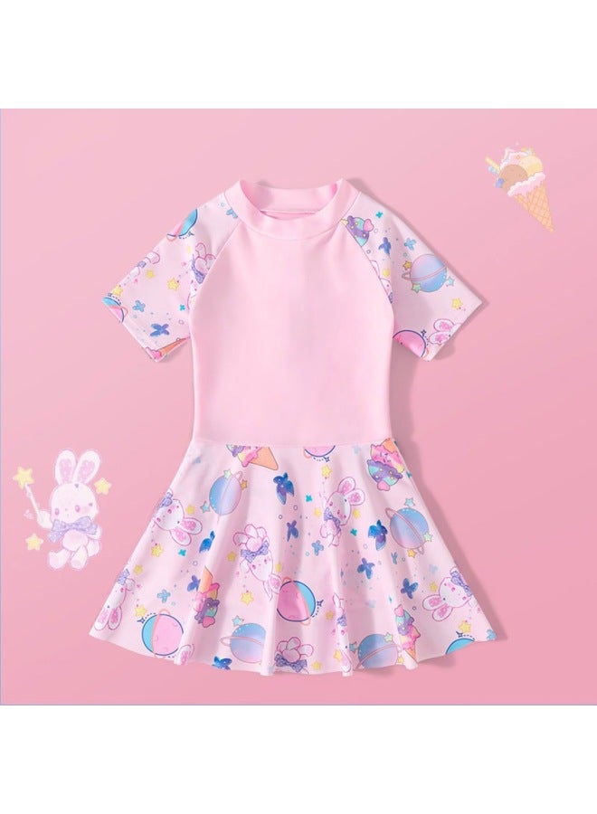 Blank Printed Girls' Swim Skirt Swimsuit Summer Suit Merlotte Style Small And Middle-aged Children's Training Siaman Swimming-Color:130cm-Size:Pink Skirt + Swimming Cap [comes With Safety Pants]