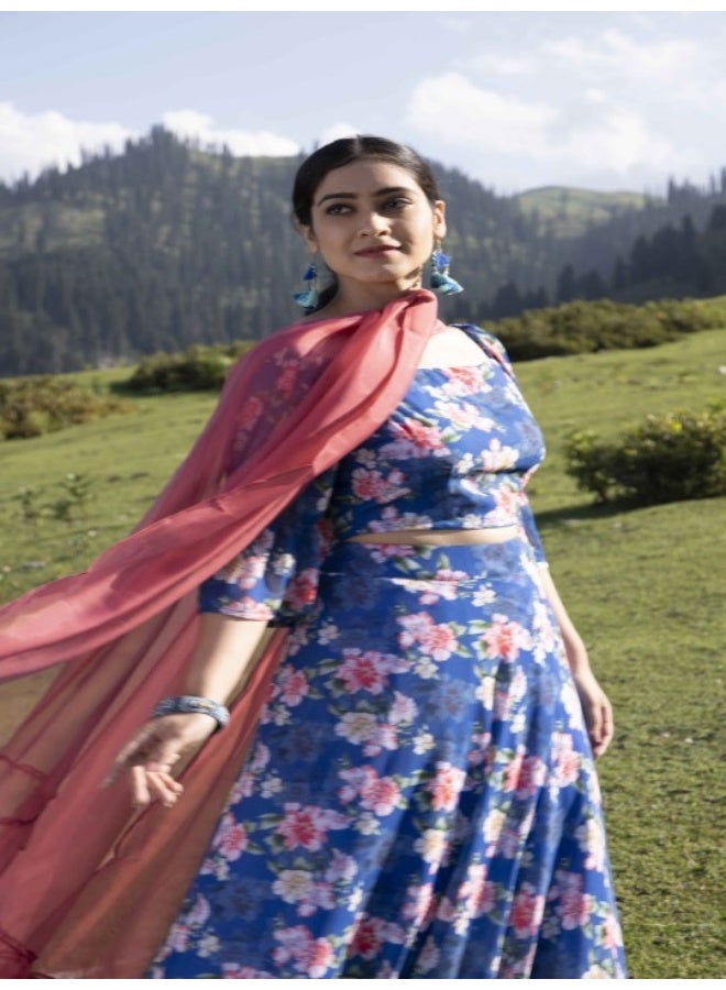 AKS Navy Blue Floral Lehenga Choli with Dupatta  - Image 4