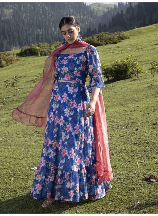 AKS Navy Blue Floral Lehenga Choli with Dupatta  - Image 3