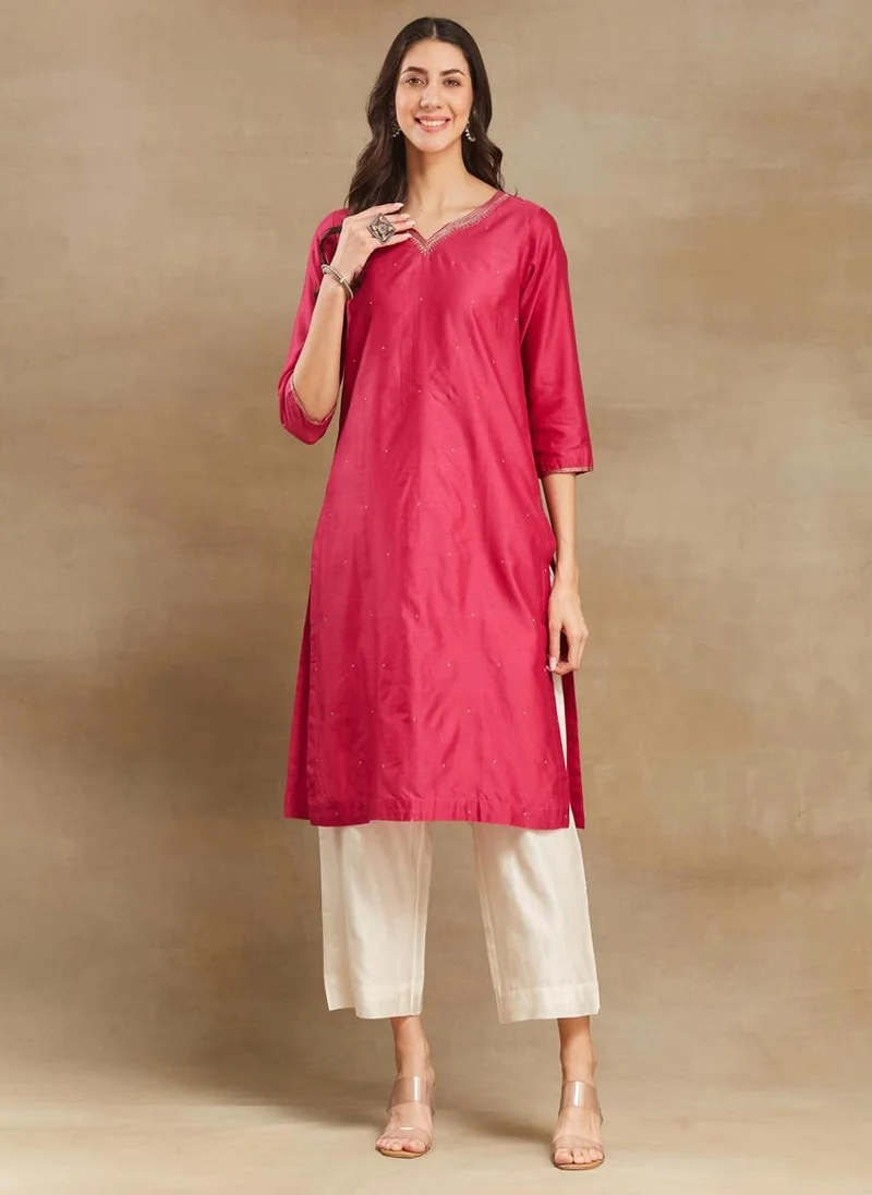 Fabindia Pink Cotton Silk Calf Length Long Kurta