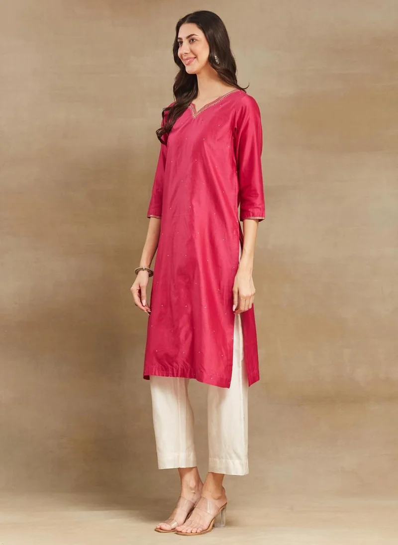 Fabindia Pink Cotton Silk Calf Length Long Kurta
