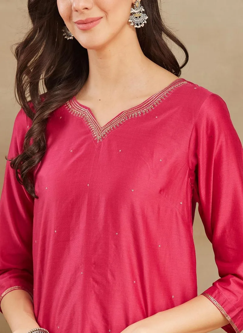 Fabindia Pink Cotton Silk Calf Length Long Kurta