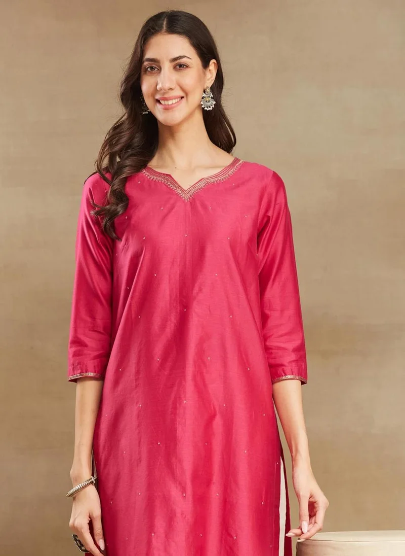 Fabindia Pink Cotton Silk Calf Length Long Kurta
