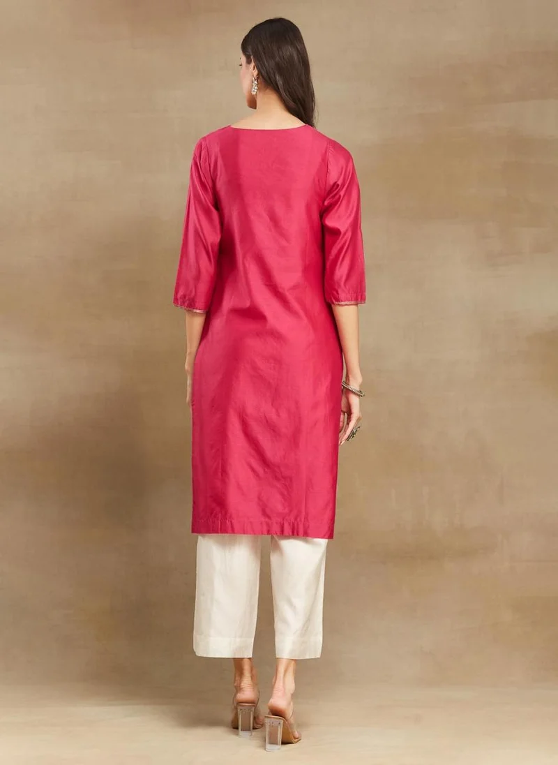 Fabindia Pink Cotton Silk Calf Length Long Kurta