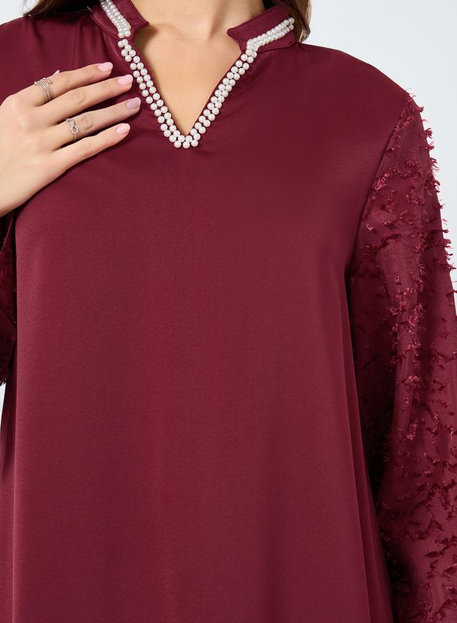 Take Two Burgundy Faux Pearl Embellished Jalabiya - Image 3