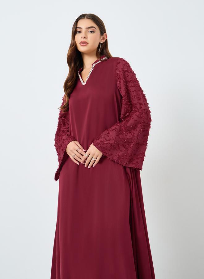 Take Two Burgundy Faux Pearl Embellished Jalabiya - Image 2