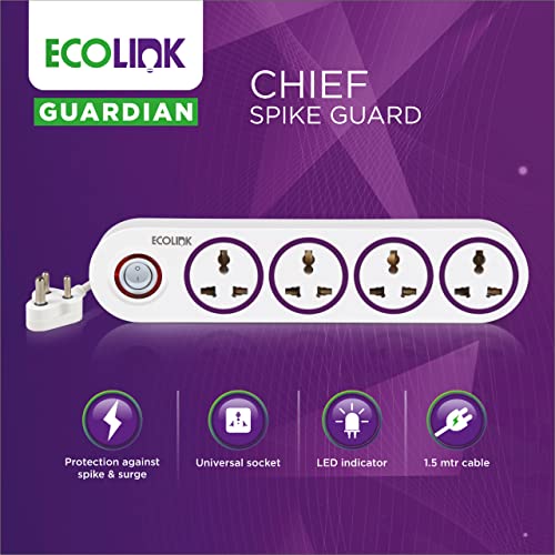 EcoLink Guardian Chief 4 Way Extension Board/Cord, Multi Socket Spike Guard 6A | Extension Board With Led Indicator | Cable Length: 1.5 Meter | Pack Of 1,250Volts - Image 3