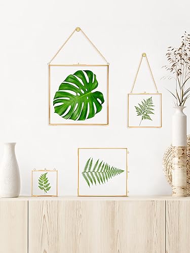 REDHUGO Glass Pressed Flower FramesVintage Hanging Picture Frames with ChainHandmade Brass Floating Picture FramePlant Specimen Wall Ornament Display Artwork DIY Family PhotoSquareGold4x4 Inches - Image 3