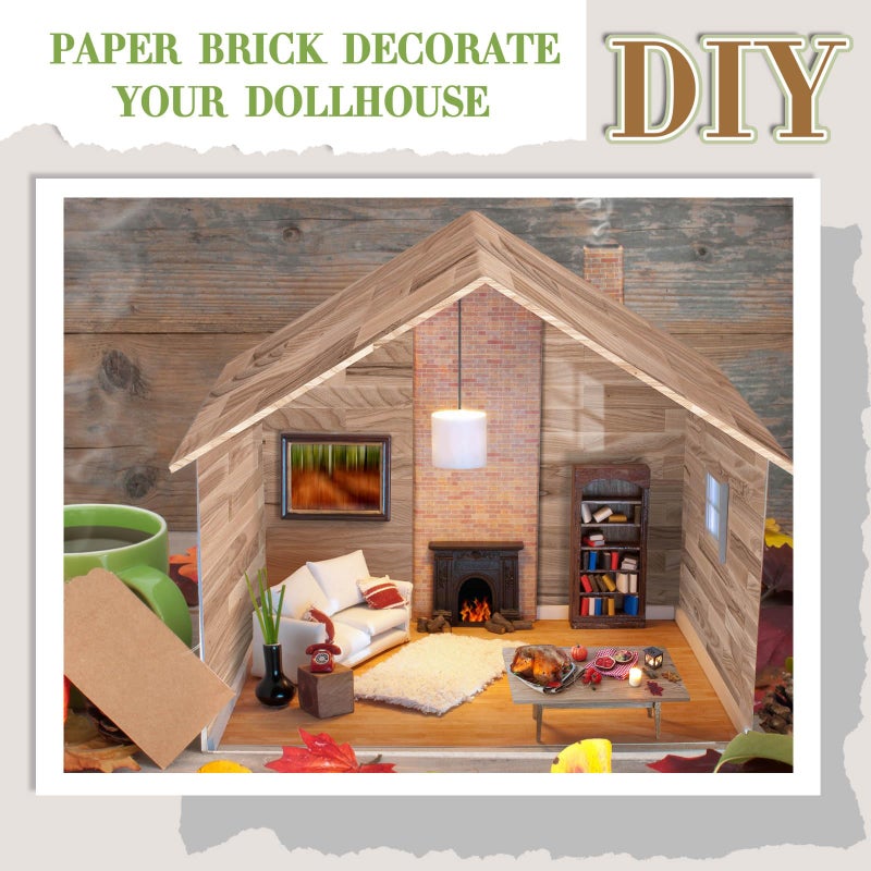 Flutesan 6 Pcs Miniature Dollhouse Wallpaper and Flooring Peel and Stick Mini DIY Self Adhesive Dollhouse Accessories 8.27 x 11.69 Inch (Natural Style) - Image 3