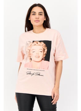 Women Oversized Fit Crew Neck Short Sleeves Graphic Print T-Shirt, Pink