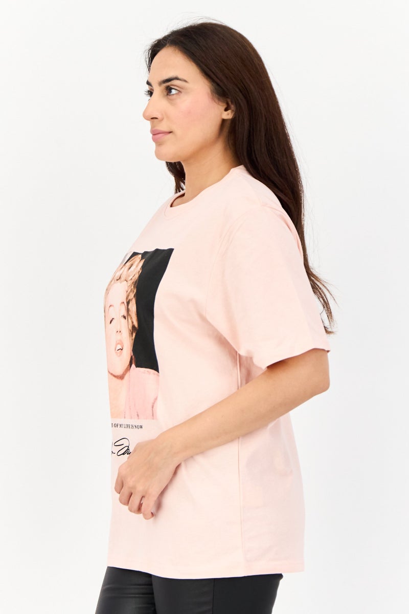Marilyn Monroe Women Oversized Fit Crew Neck Short Sleeves Graphic Print T-Shirt, Pink - Image 4