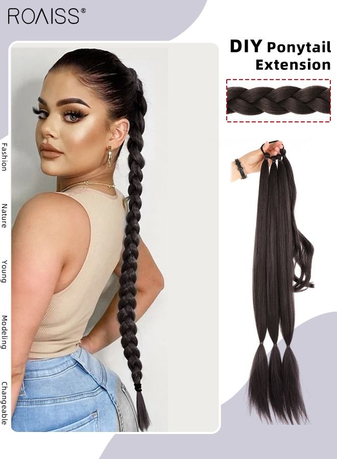 roaiss DIY Ponytail Extension, 80 cm Long Braided Ponytail Extension with Hair Band Elastic Rubber Wrap Around, Natural Soft Synthetic Hair Piece for Girls Women Party Daily Wear (Brown Black) - Image 1