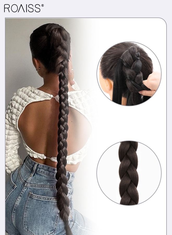 roaiss DIY Ponytail Extension, 80 cm Long Braided Ponytail Extension with Hair Band Elastic Rubber Wrap Around, Natural Soft Synthetic Hair Piece for Girls Women Party Daily Wear (Brown Black) - Image 2