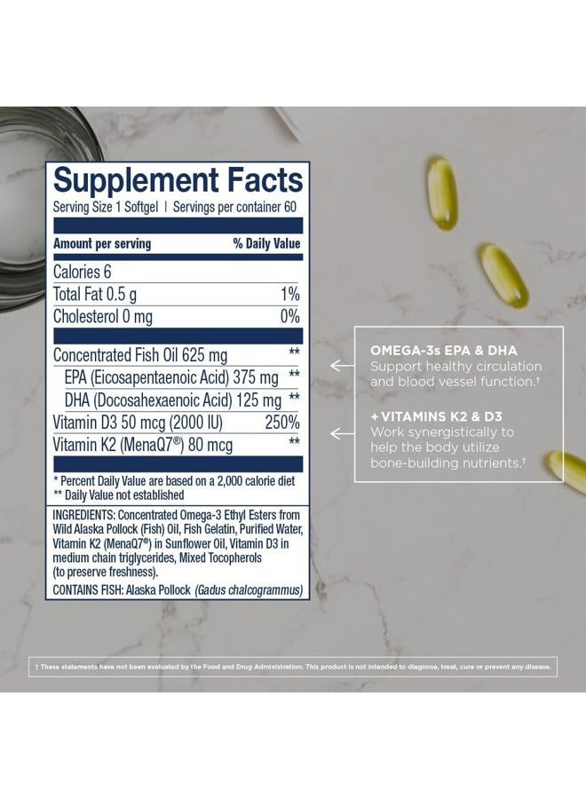 Wiley's Finest Wild Alaskan Fish Oil Vitamin K2 & D3 Softgels - 500mg of EPA and DHA Omega-3s for Bone and Heart Health Support - 60 Softgels (60 Servings) - Image 2