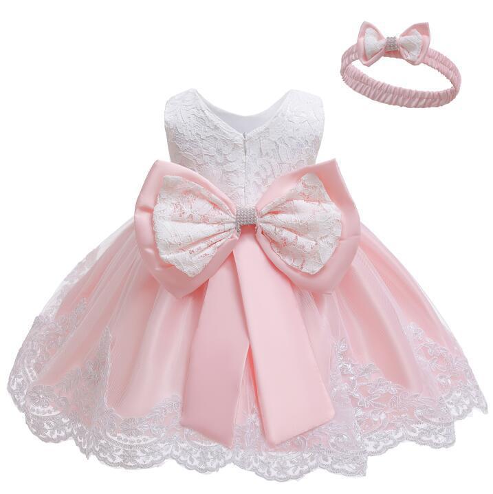 New European and American girls dinner performance bow lace dress large childrens evening dress wholesale shrimp powder