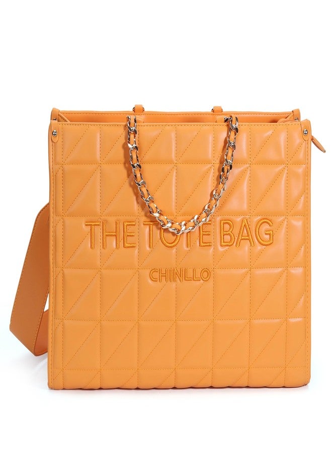 Chinllo Tote Bag for Women Quilted Chains Stachel Purse and Handbags with Shoulder Strap (E.Orange-2-M) - Image 1