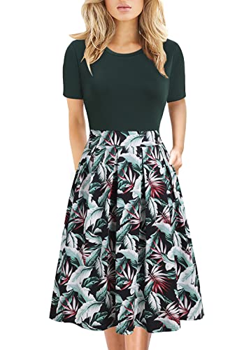 HELYO Women's Elegant Vintage Business Casual Floral Print Work Party A-Line Swing Dress with Pockets 838 (L, Green Floral) - Image 1