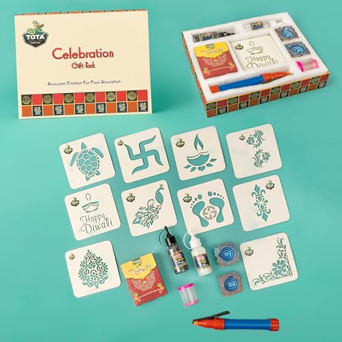 TOTA Celebration Diwali Gift Pack – Complete Rangoli Kit with Rangoli Powder Bottle | Rangoli Stencils | Rangoli Tools | Diya for Diwali and Home Decoration - 20+ Rangoli Maker Items - Image 2