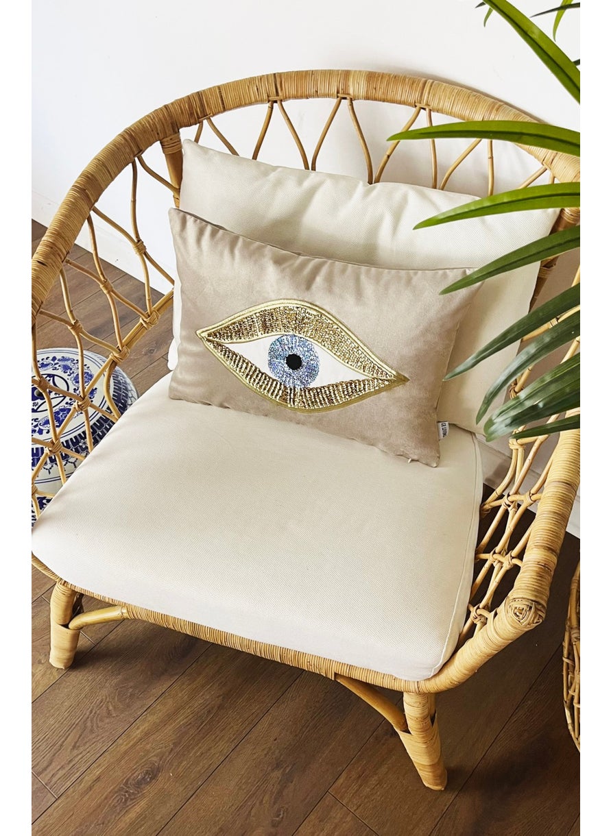 Ge Living Decorative Sequined Eye Patterned Beige Velvet Cushion Cover (35 cm x 50 cm)  - Image 1