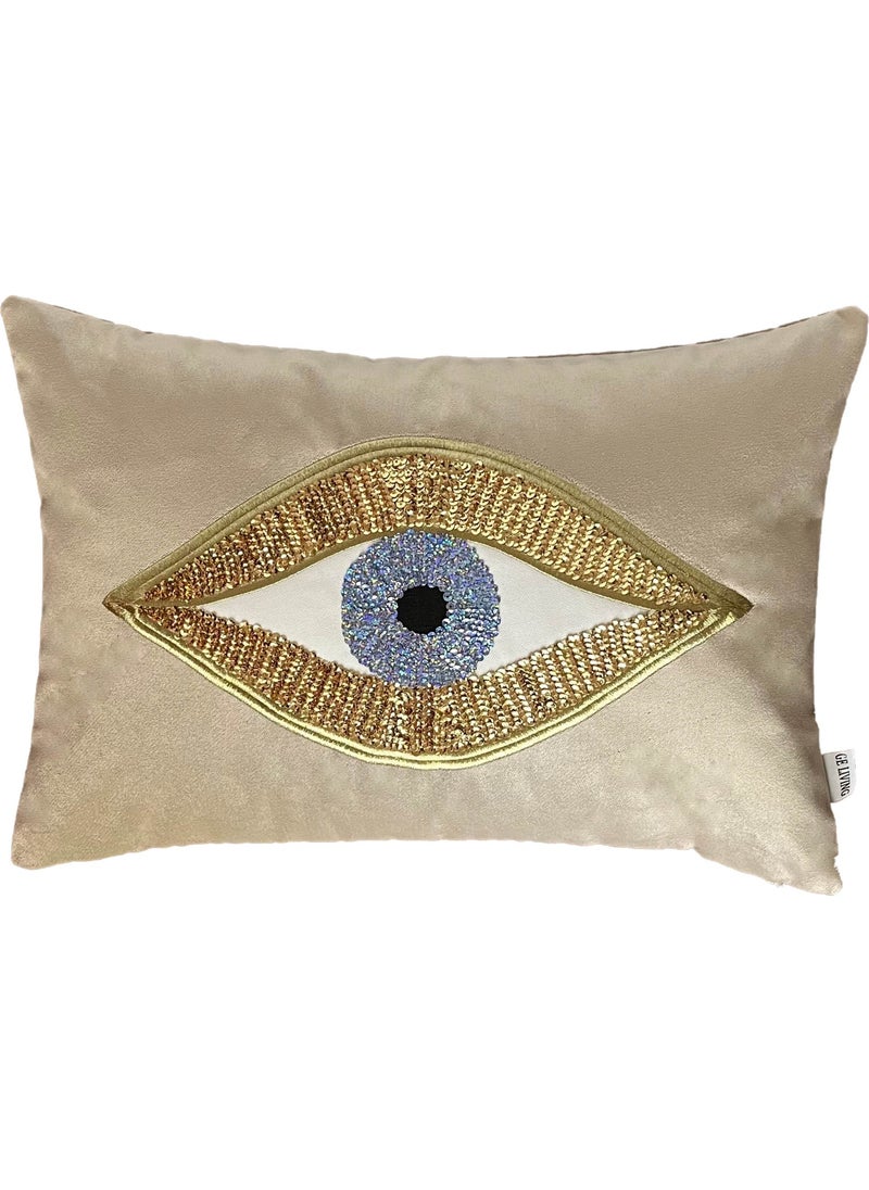 Ge Living Decorative Sequined Eye Patterned Beige Velvet Cushion Cover (35 cm x 50 cm)  - Image 4