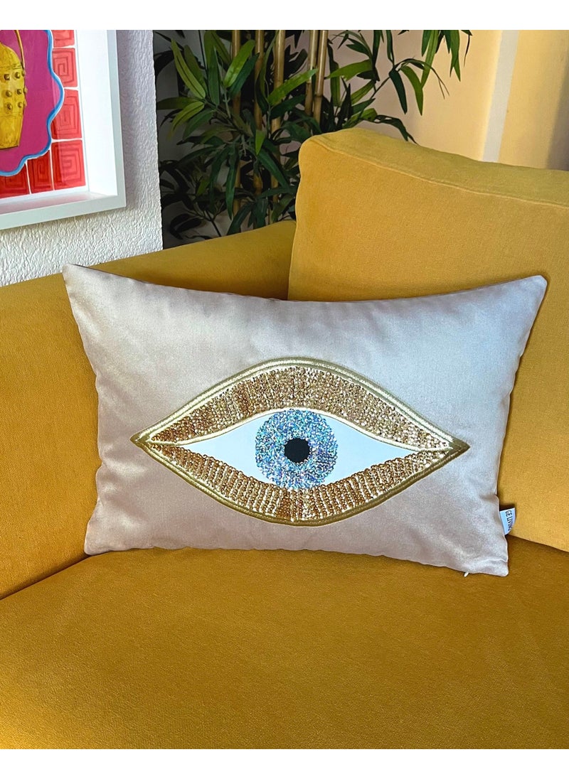 Ge Living Decorative Sequined Eye Patterned Beige Velvet Cushion Cover (35 cm x 50 cm)  - Image 3