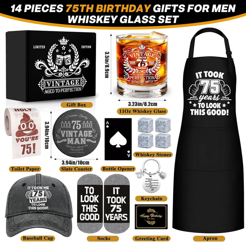 NVTROVI 75th Birthday Gifts for Men Whiskey Glass Set, 75th Birthday Party Supplies with 11 Oz Whiskey Glass Coaster Stone Baseball Cap Apron Sock Funny Toilet Paper Keychain for Him, Dad, Husband, Friends - Image 3