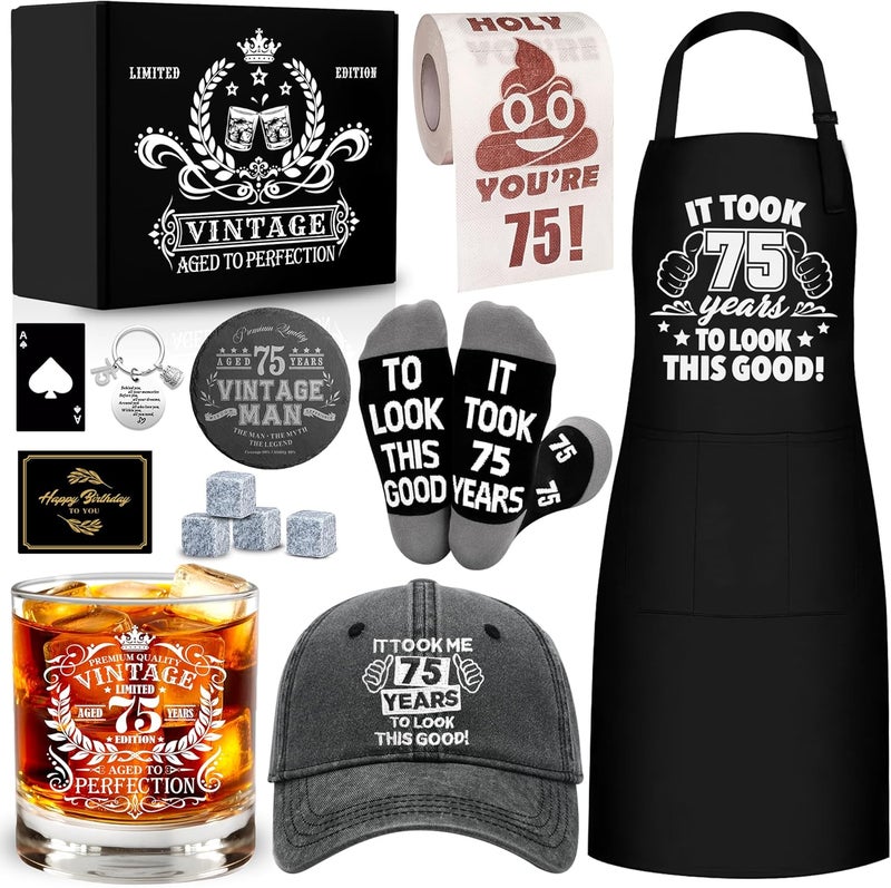 NVTROVI 75th Birthday Gifts for Men Whiskey Glass Set, 75th Birthday Party Supplies with 11 Oz Whiskey Glass Coaster Stone Baseball Cap Apron Sock Funny Toilet Paper Keychain for Him, Dad, Husband, Friends - Image 1