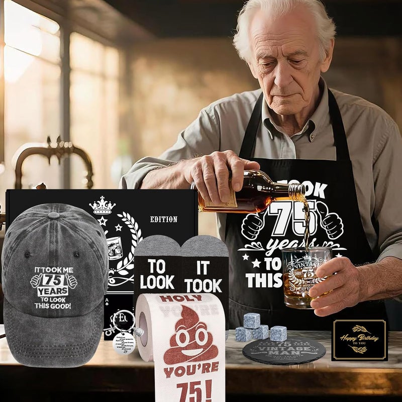 NVTROVI 75th Birthday Gifts for Men Whiskey Glass Set, 75th Birthday Party Supplies with 11 Oz Whiskey Glass Coaster Stone Baseball Cap Apron Sock Funny Toilet Paper Keychain for Him, Dad, Husband, Friends - Image 2