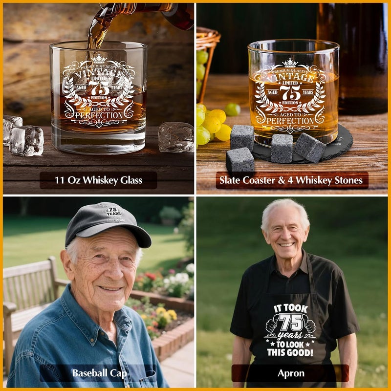 NVTROVI 75th Birthday Gifts for Men Whiskey Glass Set, 75th Birthday Party Supplies with 11 Oz Whiskey Glass Coaster Stone Baseball Cap Apron Sock Funny Toilet Paper Keychain for Him, Dad, Husband, Friends - Image 5