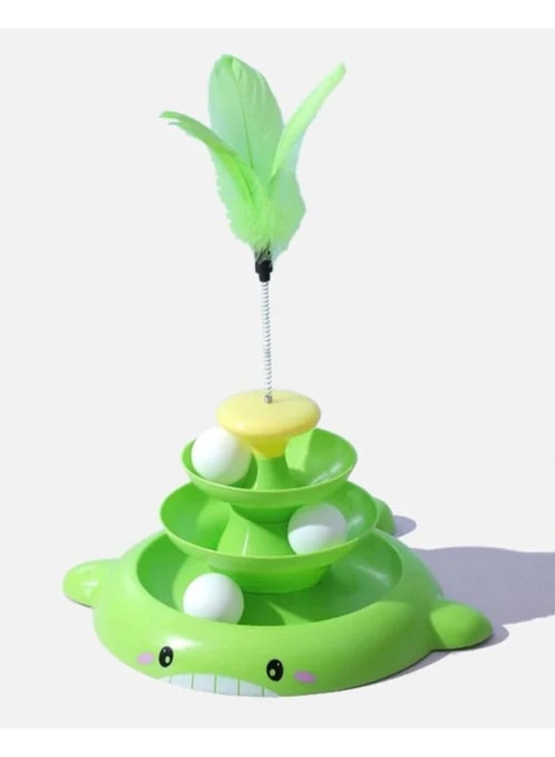 برج مسار الكرة للقطط، 3 طبقات، لعبة مسار القطط الدوارة مع كرات متحركة وريش، ألعاب تفاعلية للقطط للقطط الداخلية، ألعاب كيتي الأسطوانة للتمرين على الجري