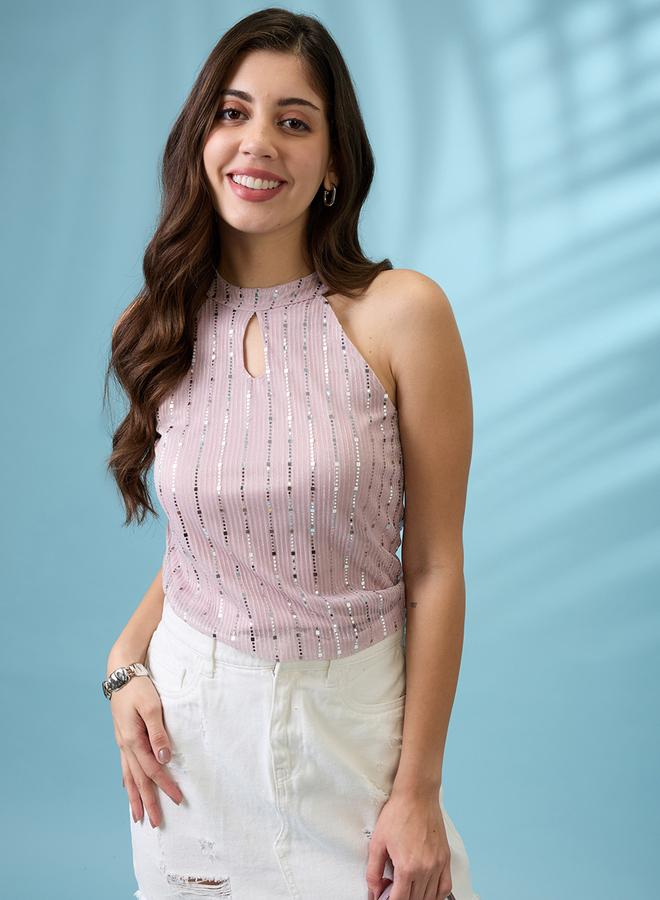 globus Women Pink Keyhole Neck Sequined Top - Image 1