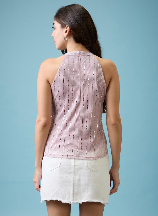 globus Women Pink Keyhole Neck Sequined Top - Image 3