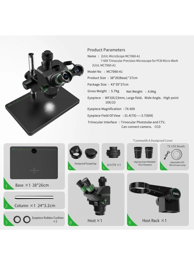 2uul MC7060-A1 7-60X Synchronous Zoom Trinocular Microscope - Image 2