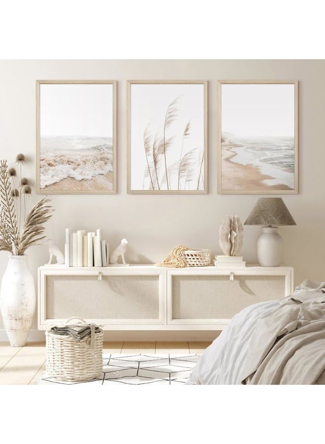 Joocrise Beach Wall Art Boho Prints Coastal Canvas Wall Art Beach Pictures Pampas Grass Ocean Poster Plant Landscape Beach Scene Artwork for Living Room Bedroom Decor 12x16x3 Inch Wood Framed - Image 4