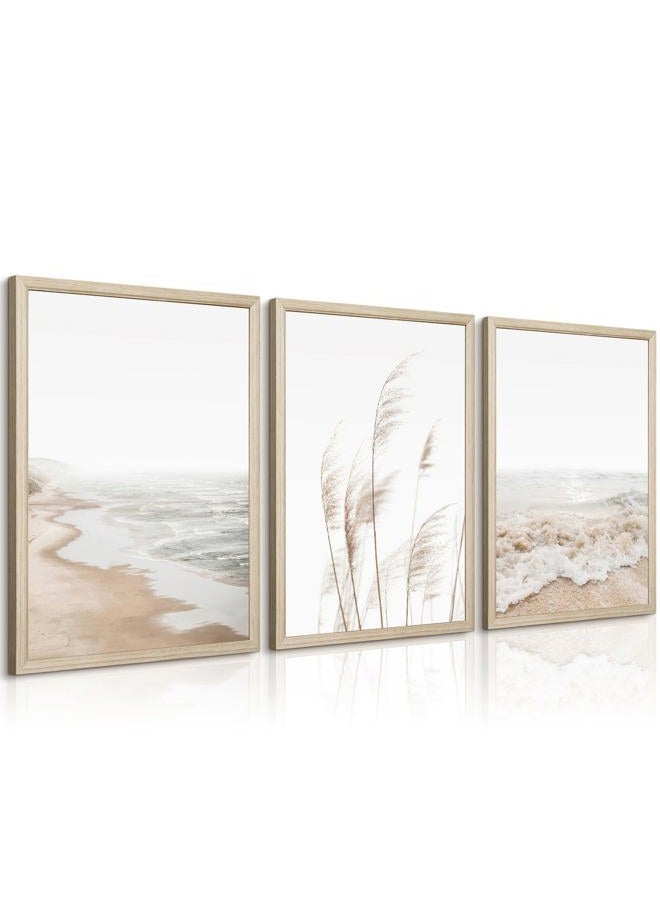 Joocrise Beach Wall Art Boho Prints Coastal Canvas Wall Art Beach Pictures Pampas Grass Ocean Poster Plant Landscape Beach Scene Artwork for Living Room Bedroom Decor 12x16x3 Inch Wood Framed - Image 1