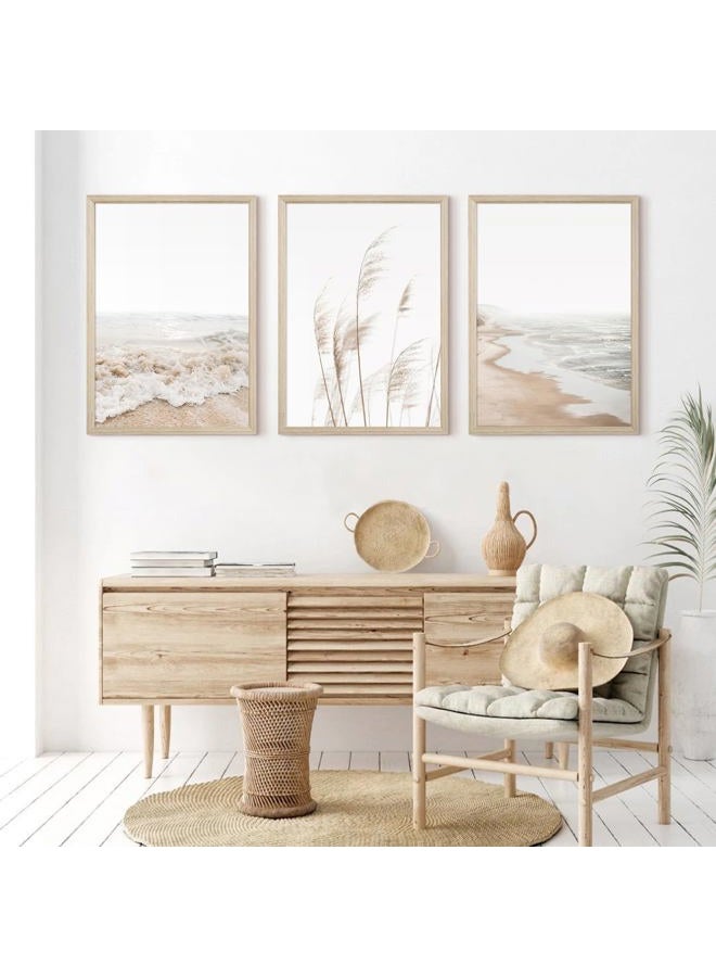 Joocrise Beach Wall Art Boho Prints Coastal Canvas Wall Art Beach Pictures Pampas Grass Ocean Poster Plant Landscape Beach Scene Artwork for Living Room Bedroom Decor 12x16x3 Inch Wood Framed - Image 5