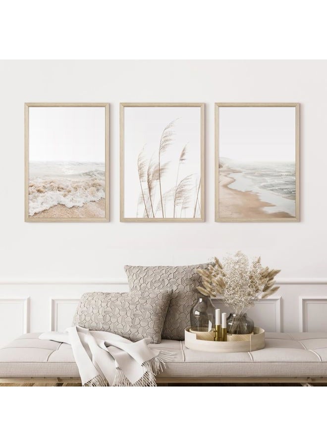 Joocrise Beach Wall Art Boho Prints Coastal Canvas Wall Art Beach Pictures Pampas Grass Ocean Poster Plant Landscape Beach Scene Artwork for Living Room Bedroom Decor 12x16x3 Inch Wood Framed - Image 3