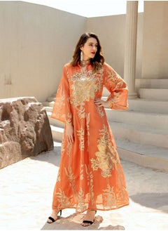 Best Gift Fashion Best Gift Embroidered Abaya Dress For Women Moroccan Kaftan Turkey Arabic Jalabiya White Islamic Ethnic Robe Eid Ramadan Orange Color  - Image 1