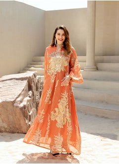 Best Gift Fashion Best Gift Embroidered Abaya Dress For Women Moroccan Kaftan Turkey Arabic Jalabiya White Islamic Ethnic Robe Eid Ramadan Orange Color  - Image 2