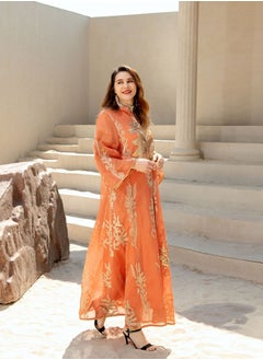 Best Gift Fashion Best Gift Embroidered Abaya Dress For Women Moroccan Kaftan Turkey Arabic Jalabiya White Islamic Ethnic Robe Eid Ramadan Orange Color  - Image 3