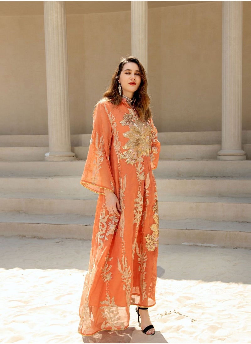 Best Gift Fashion Best Gift Embroidered Abaya Dress For Women Moroccan Kaftan Turkey Arabic Jalabiya White Islamic Ethnic Robe Eid Ramadan Orange Color  - Image 4