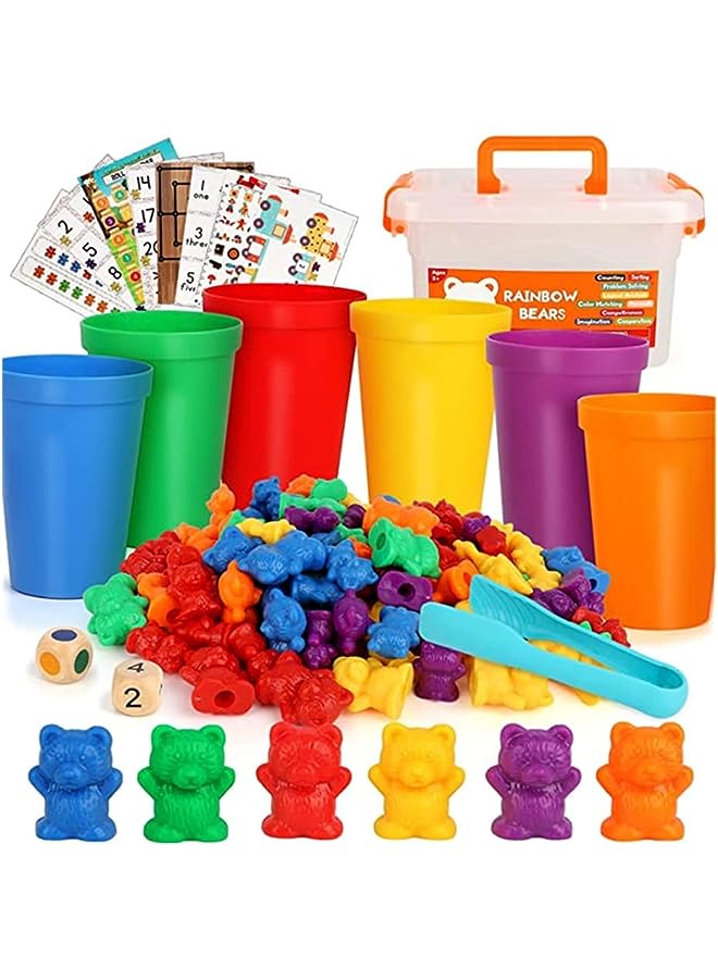 vesus Bears Set, 102pcs Rainbow Counting Bears with Matching Sorting Cups Dices and Teezers, Educational Color Sorting Bear Toys Montessori Rainbow Matching Game for Toddlers - Image 1
