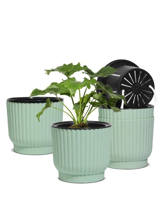 T4U 7 Inch Self Watering Pots for Indoor Plants, 4 Pack Green Plastic Flower Pots for All House Plants, Flowers, African Violets - Image 1