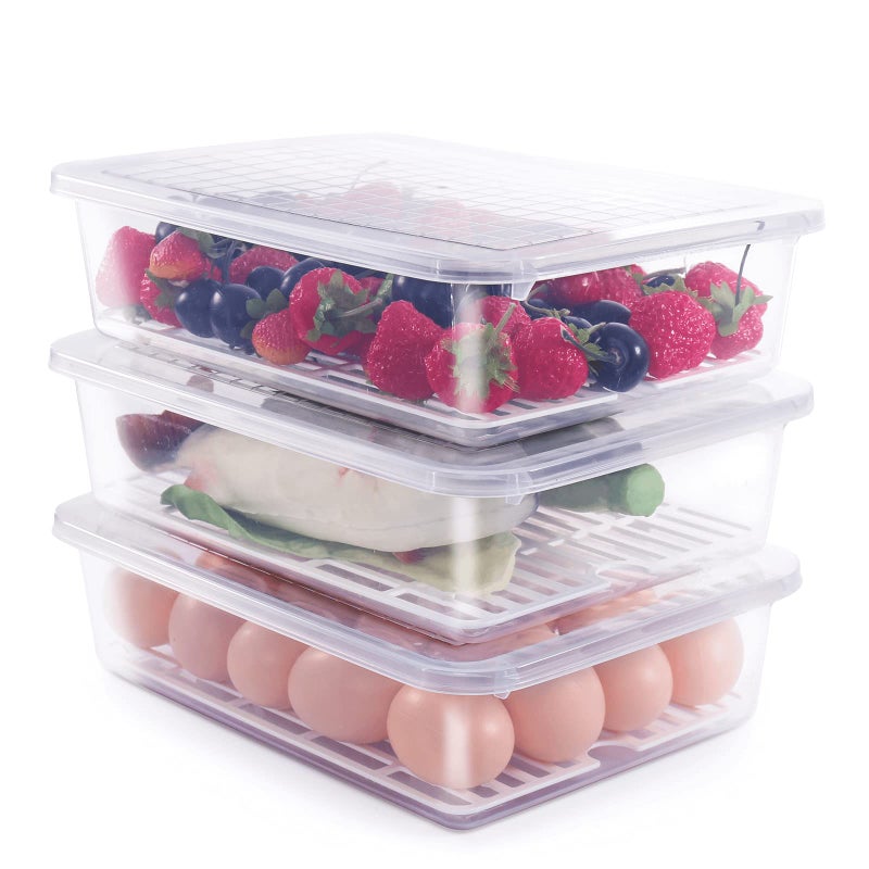 77L Food Storage Container  (3-Pack) Plastic Food Containers with Removable Drain Plate and Lid  Stackable Portable Freezer Storage Containers - Tray to Keep Fruits  Vegetables  Meat and More (Large)