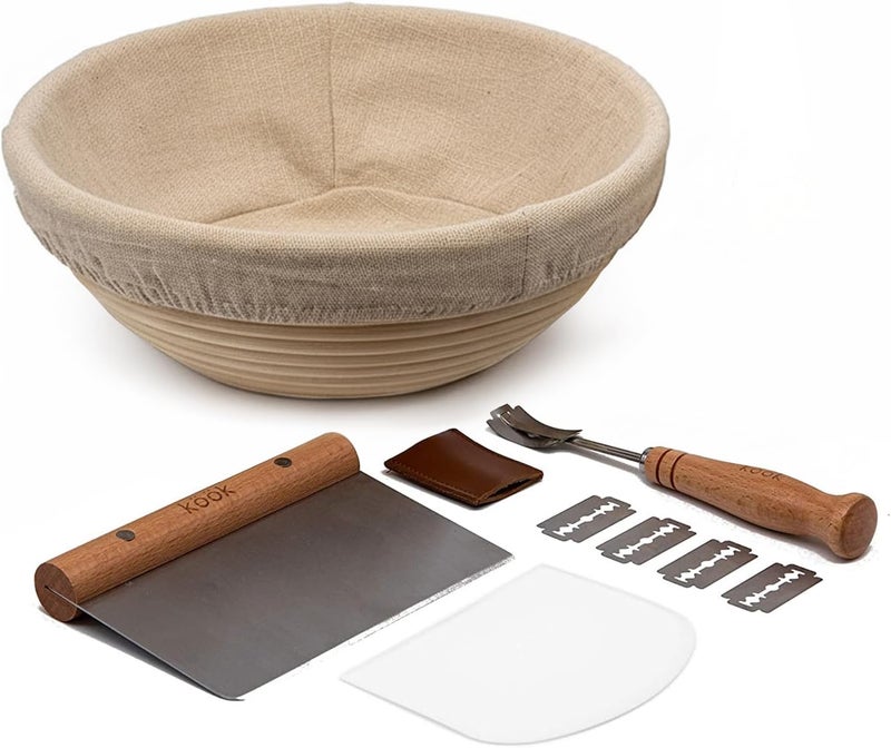 Kook Proofing Set, Sourdough Bread, 1 Rattan 9 Inch Banneton Basket, 1 Basket Cover, Metal Scraper, Plastic Scraper, Scoring Lame, 5 Blades and Case, Baking Kit, Dough Bowls, Round Shape - Image 1