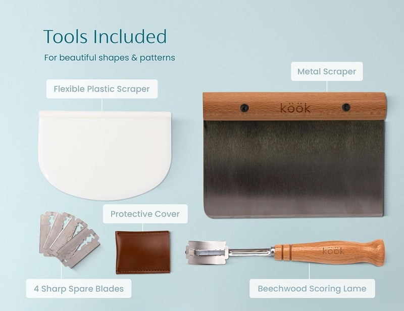 Kook Proofing Set, Sourdough Bread, 1 Rattan 9 Inch Banneton Basket, 1 Basket Cover, Metal Scraper, Plastic Scraper, Scoring Lame, 5 Blades and Case, Baking Kit, Dough Bowls, Round Shape - Image 5